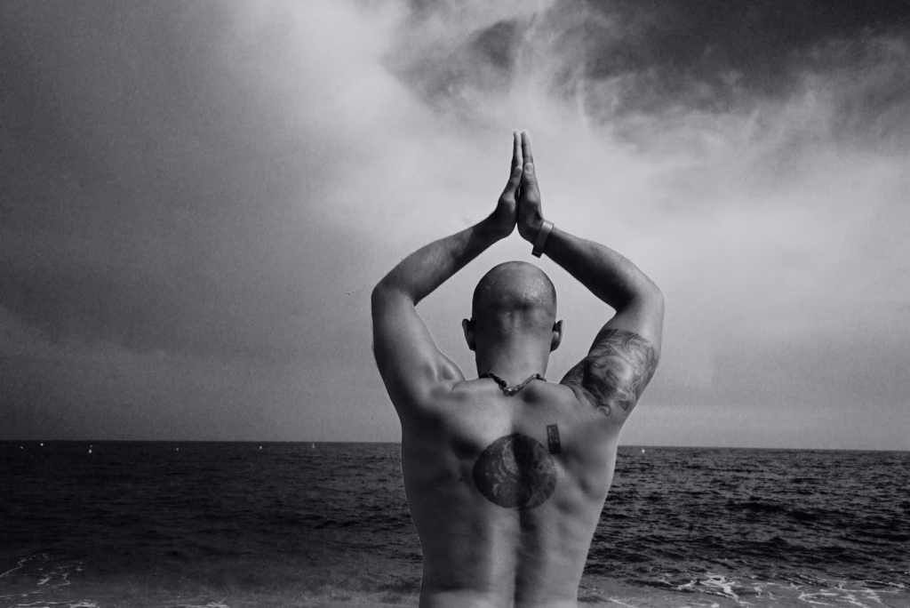 Meditative pose by the ocean