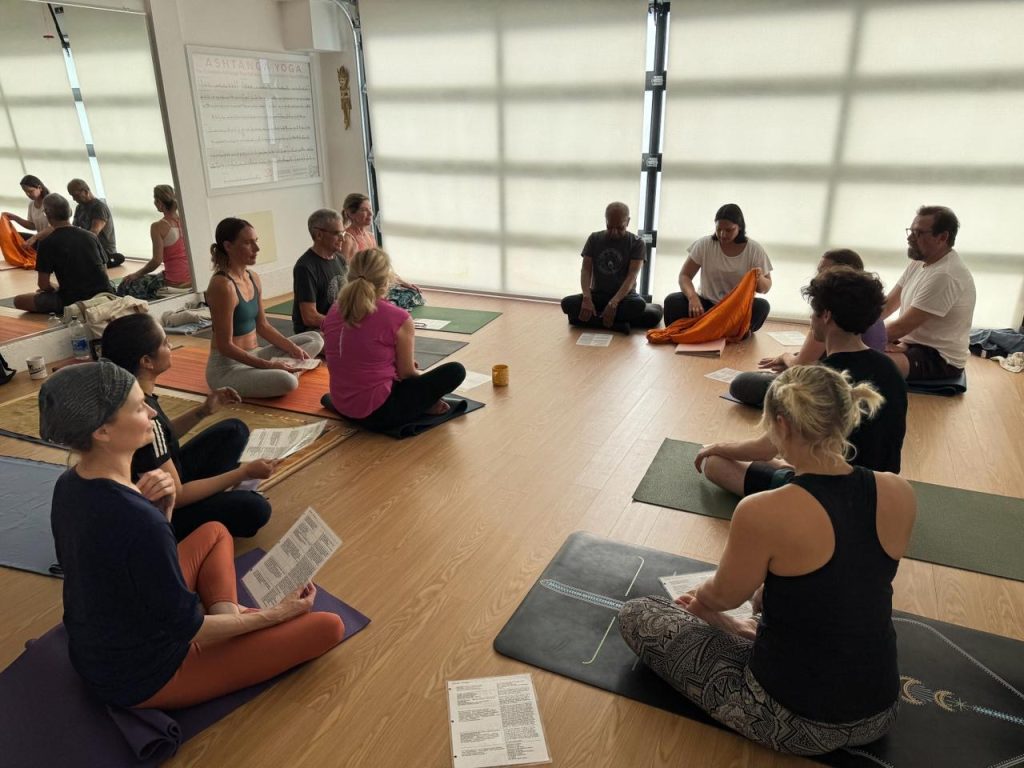 Group meditation in a serene studio.